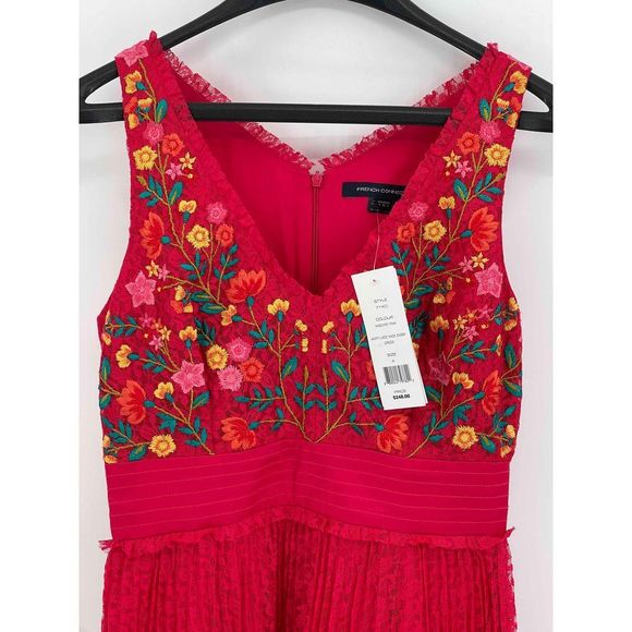 French Connection Dress Women 4 Amity Lace Pink Embroidered Floral Sleeveless - Picture 2 of 12